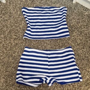 SHEIN Blue and White Striped Tube Top and Shorts Set